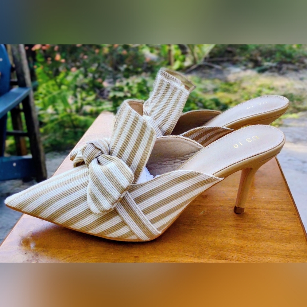Allegra K Beige Striped Bow Heels